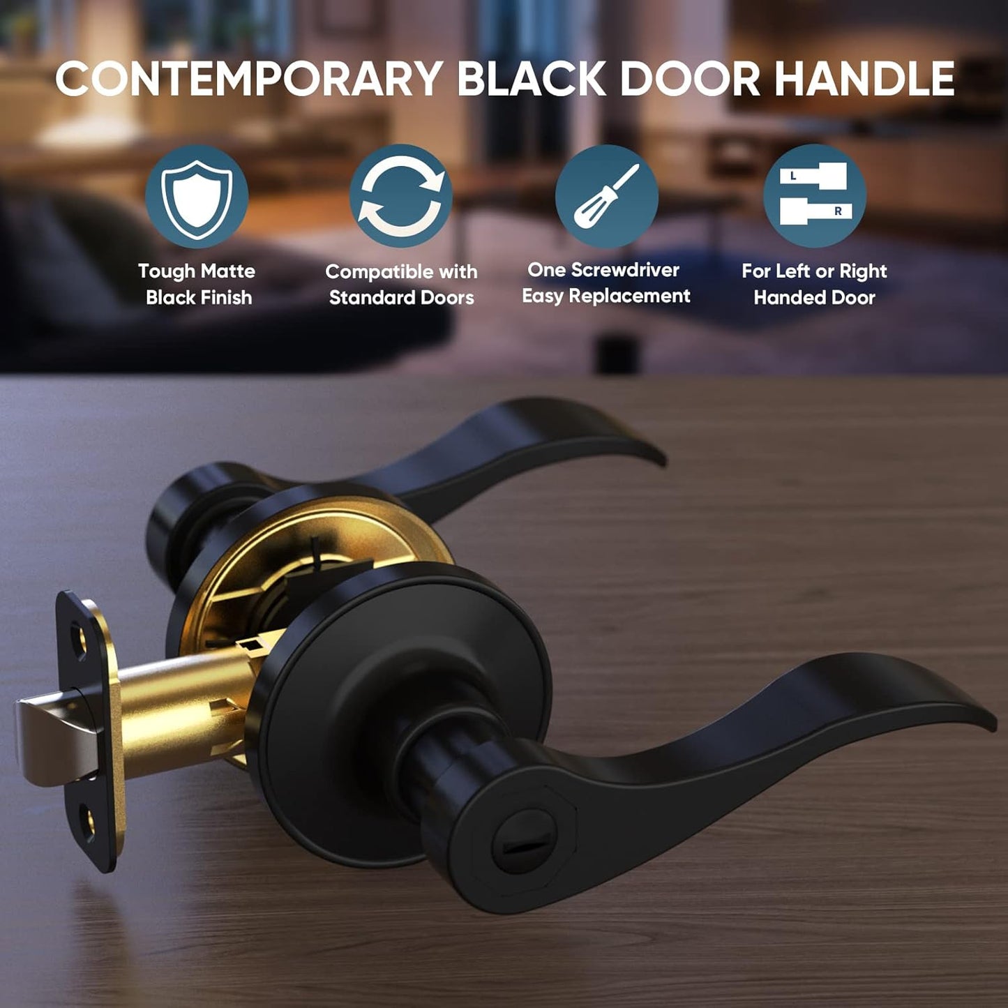 Matte Black Reversible Door Lever Handle for Interior Doors & Closets - Traditional Wave Style (Privacy, 1-Pack)