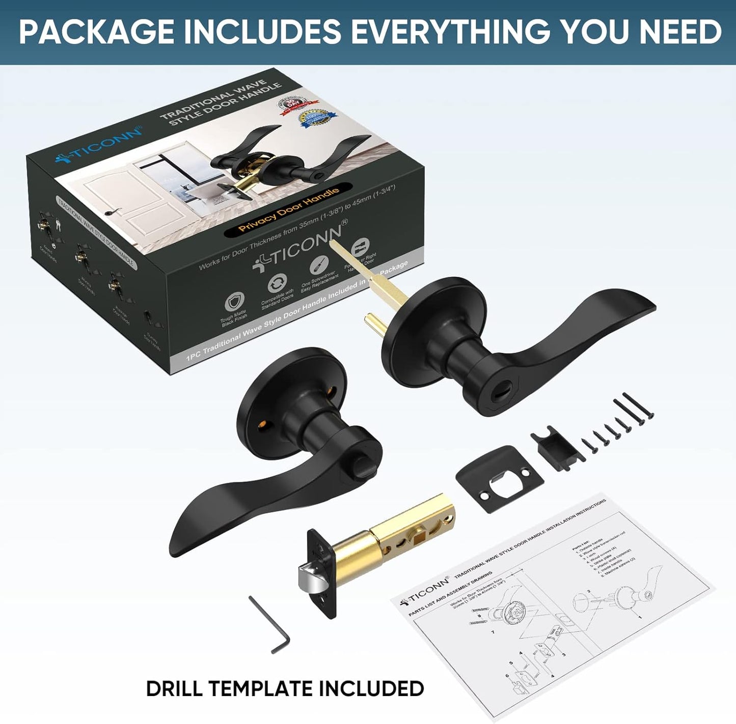 Matte Black Reversible Door Lever Handle for Interior Doors & Closets - Traditional Wave Style (Privacy, 1-Pack)