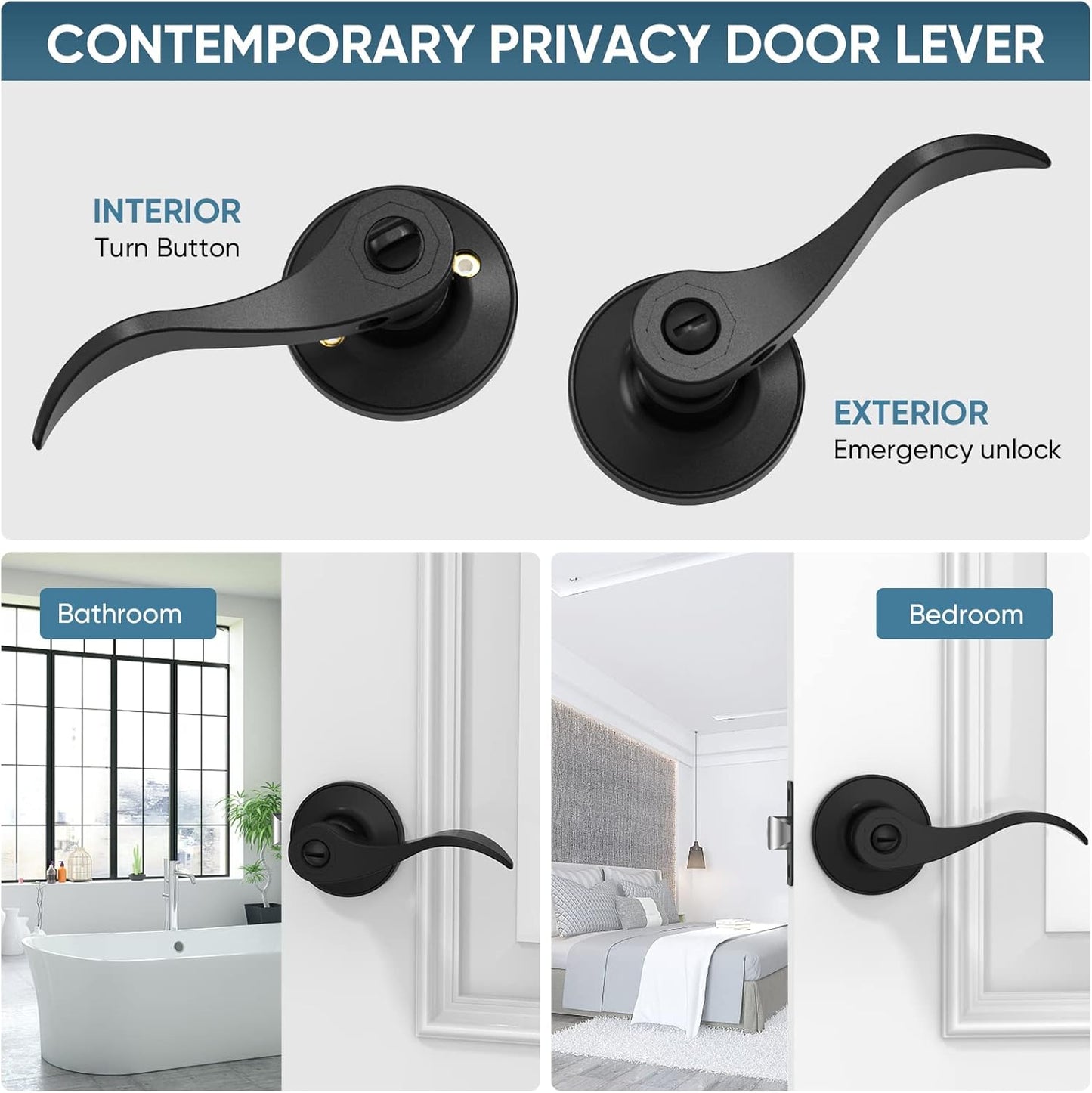 Matte Black Reversible Door Lever Handle for Interior Doors & Closets - Traditional Wave Style (Privacy, 1-Pack)