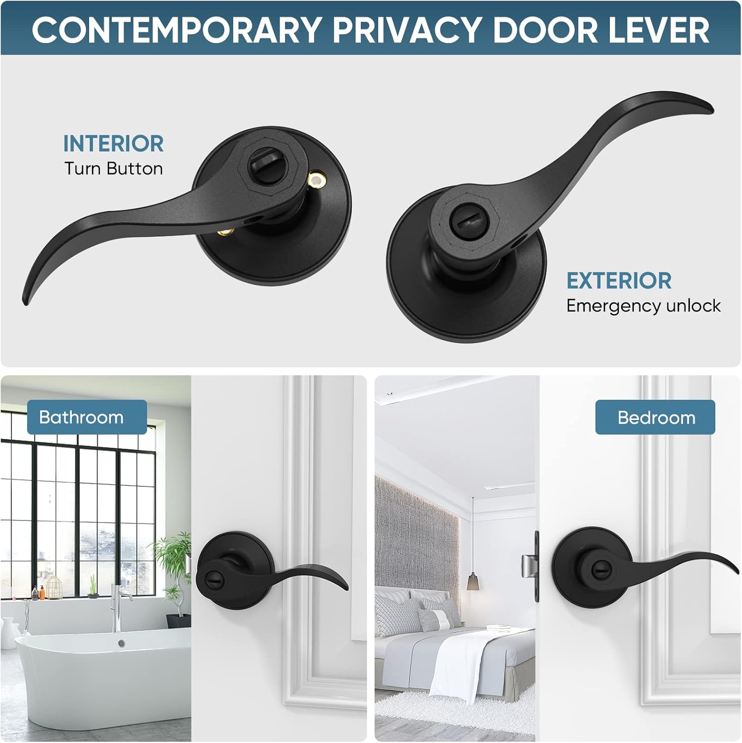 Matte Black Reversible Door Lever Handle for Interior Doors & Closets - Traditional Wave Style (Privacy, 1-Pack)