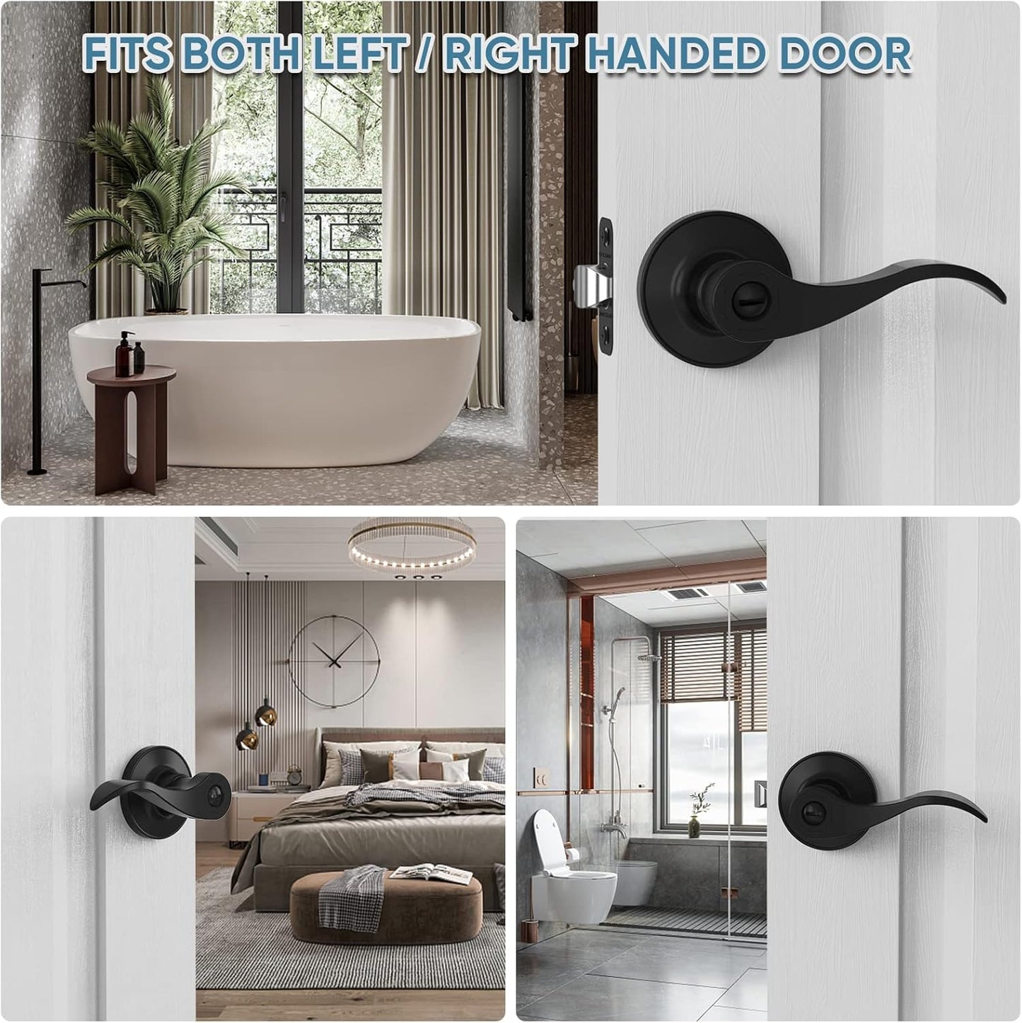 Matte Black Reversible Door Lever Handle for Interior Doors & Closets - Traditional Wave Style (Privacy, 1-Pack)