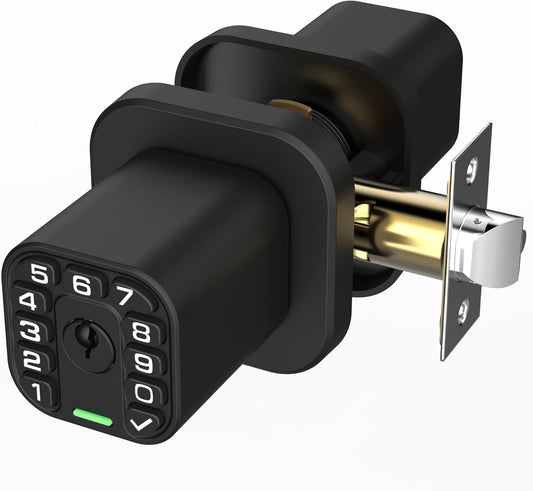 Matte Black Richelock Square Door Knob with Keypad, Keyless Entry Auto Lock for Indoor & Outdoor, Waterproof & Weatherproof - Bedroom, Entry Door, Office