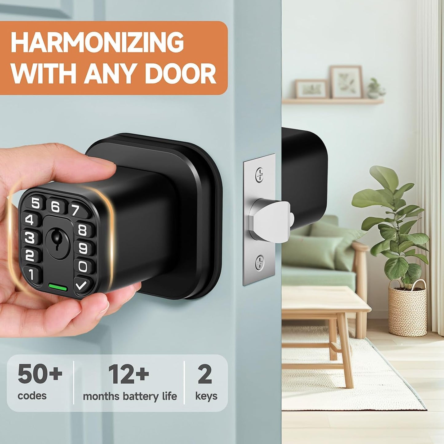 Matte Black Richelock Square Door Knob with Keypad, Keyless Entry Auto Lock for Indoor & Outdoor, Waterproof & Weatherproof - Bedroom, Entry Door, Office