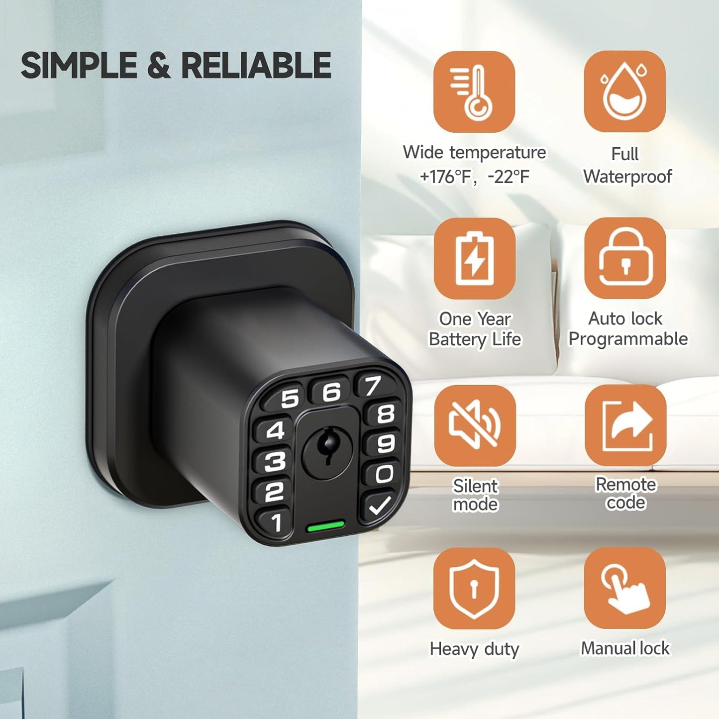 Matte Black Richelock Square Door Knob with Keypad, Keyless Entry Auto Lock for Indoor & Outdoor, Waterproof & Weatherproof - Bedroom, Entry Door, Office