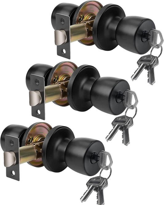 Matte Black Round Ball Door Knob Set with Key - 3 Pack for Interior/Exterior Doors