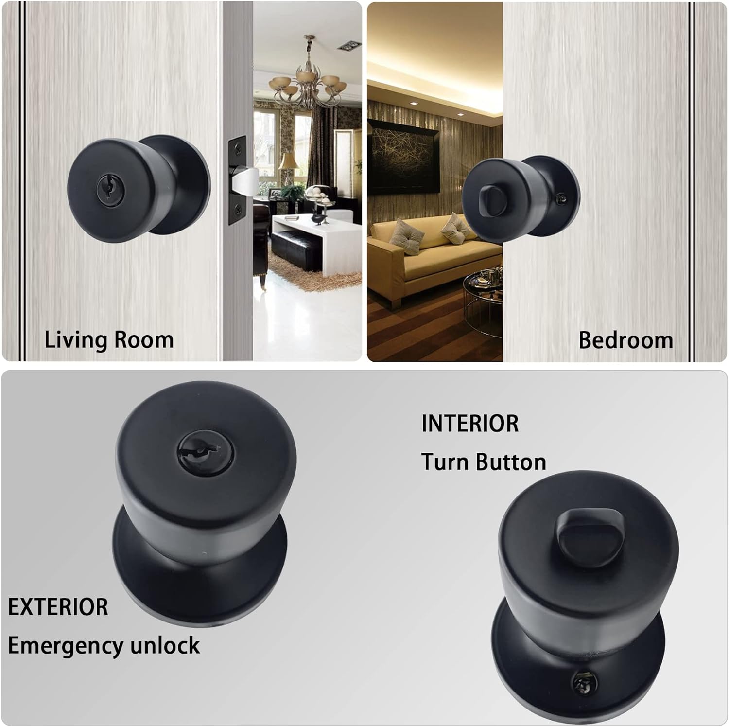 Matte Black Round Ball Door Knob Set with Key - 3 Pack for Interior/Exterior Doors