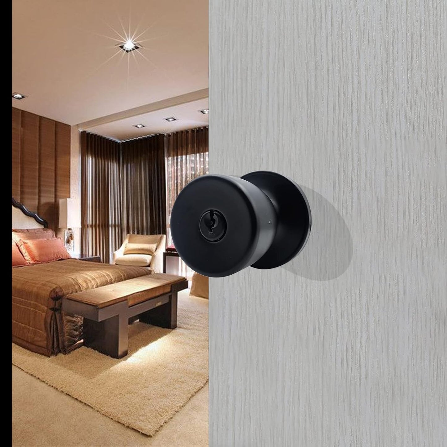 Matte Black Round Ball Door Knob Set with Key - 3 Pack for Interior/Exterior Doors