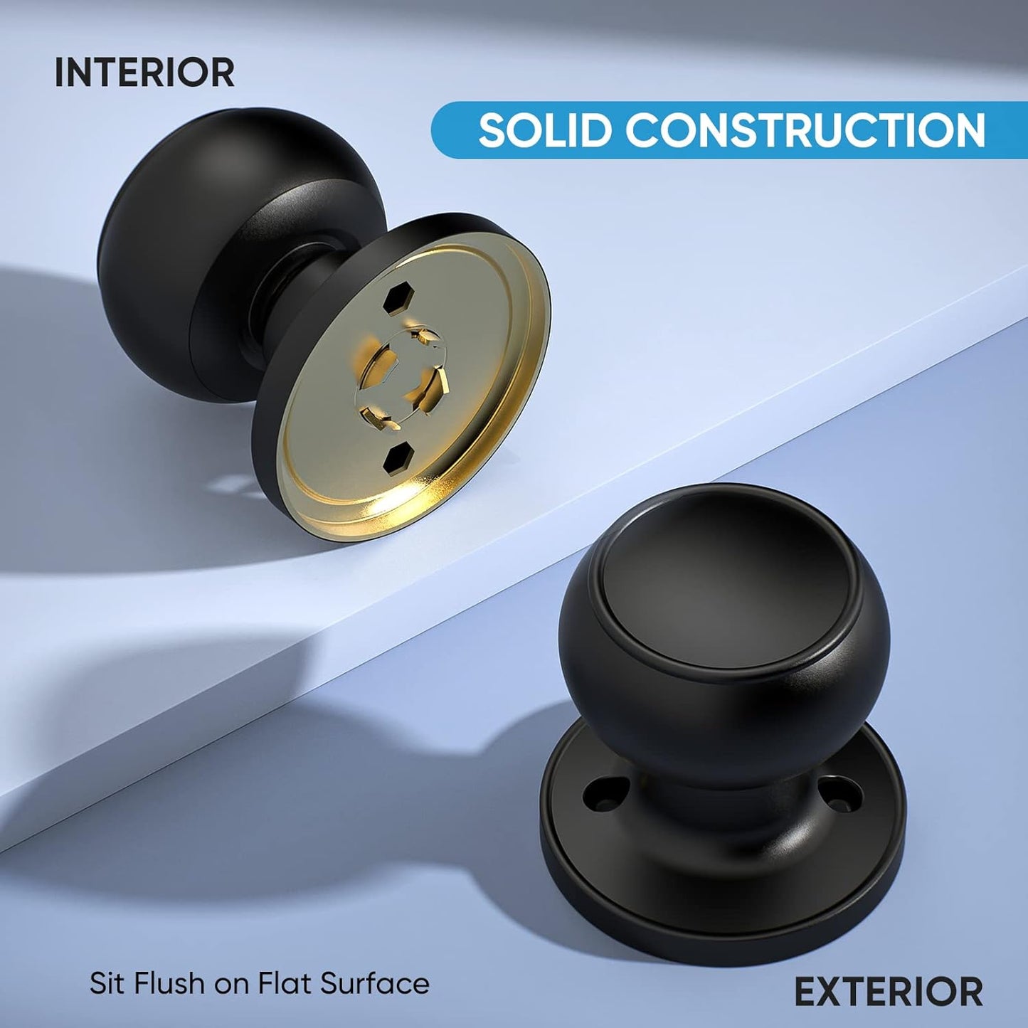 Matte Black Round Ball Door Knob with Dead Bolt for Indoor Doors - Front Mount Dummy Lock (1-Pack)