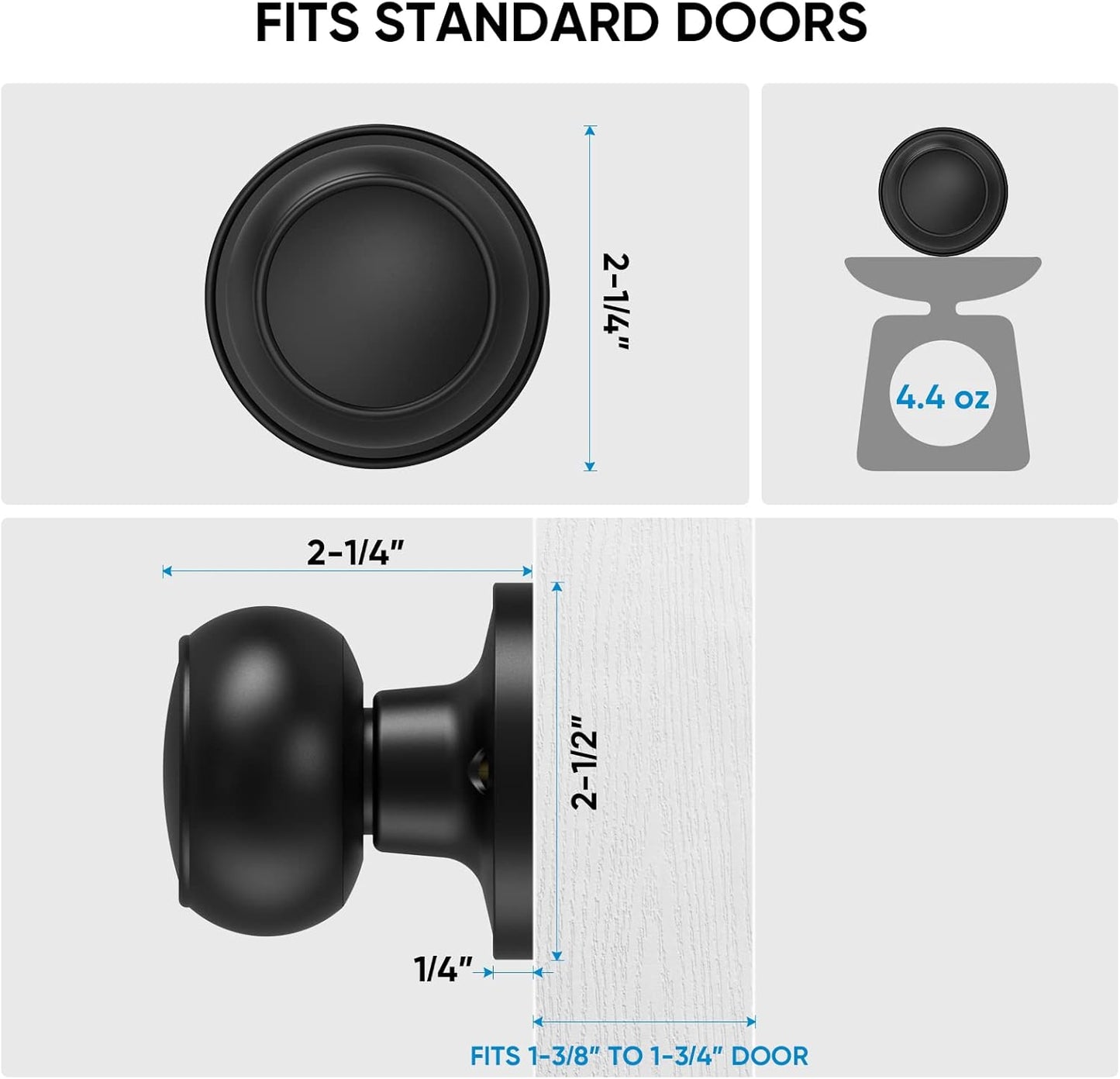 Matte Black Round Ball Door Knob with Dead Bolt for Indoor Doors - Front Mount Dummy Lock (1-Pack)