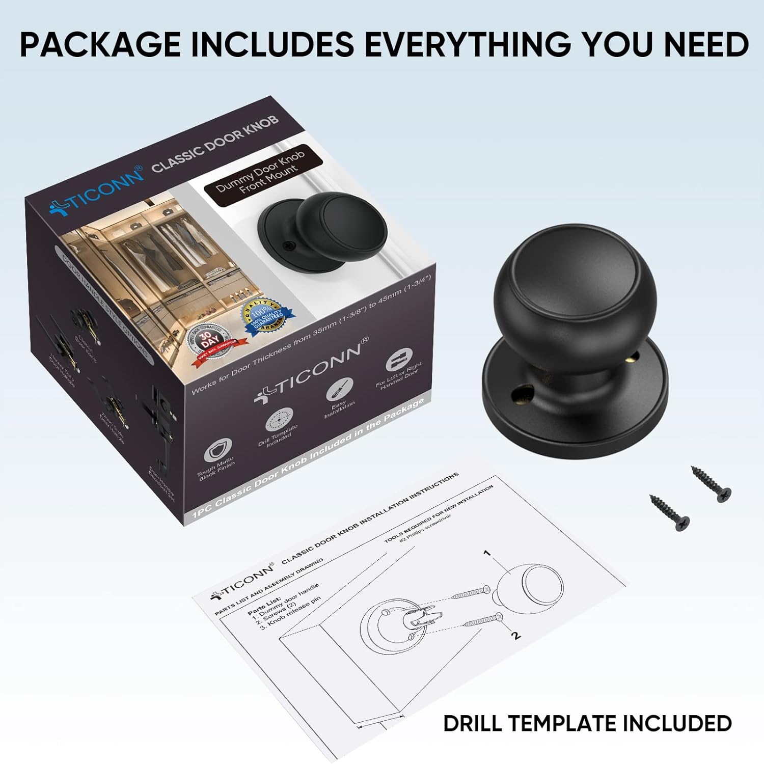 Matte Black Round Ball Door Knob with Dead Bolt for Indoor Doors - Front Mount Dummy Lock (1-Pack)