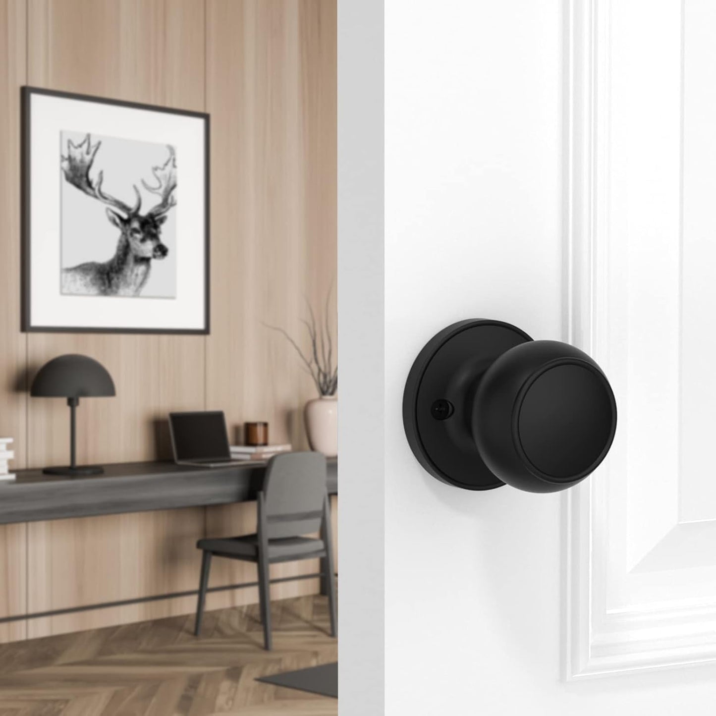 Matte Black Round Ball Door Knob with Dead Bolt for Indoor Doors - Front Mount Dummy Lock (1-Pack)