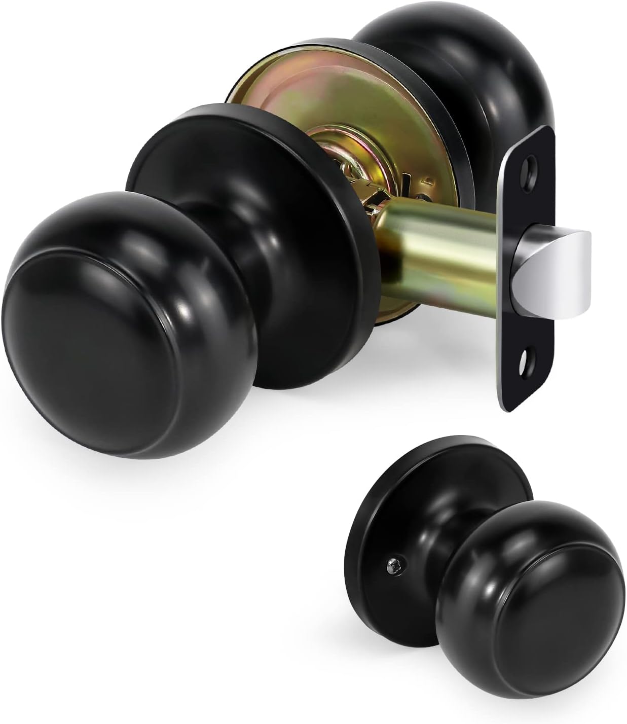 Matte Black Round Passage Door Knob for Right and Left Side Hallways - Keyless Interior Lock Hardware, Non-Locking Closet Knob - 1 Pack