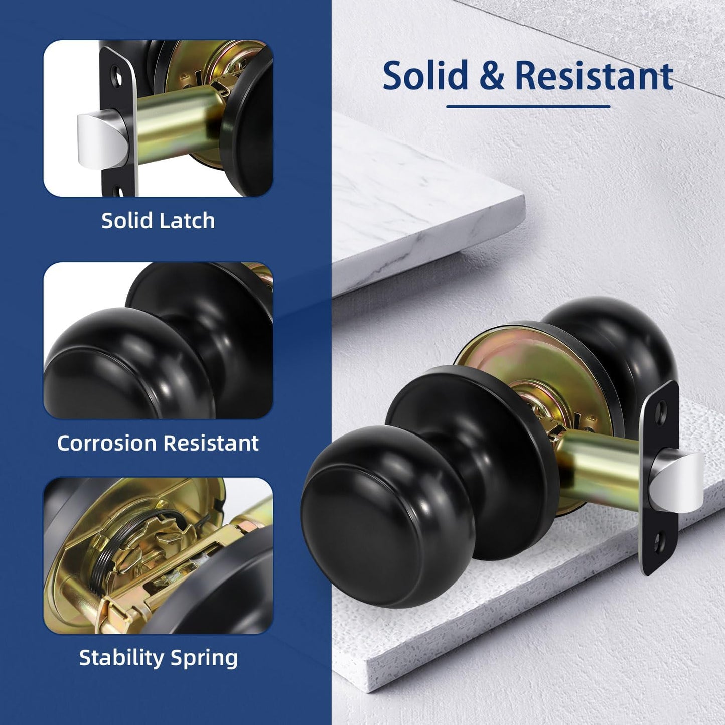 Matte Black Round Passage Door Knob for Right and Left Side Hallways - Keyless Interior Lock Hardware, Non-Locking Closet Knob - 1 Pack