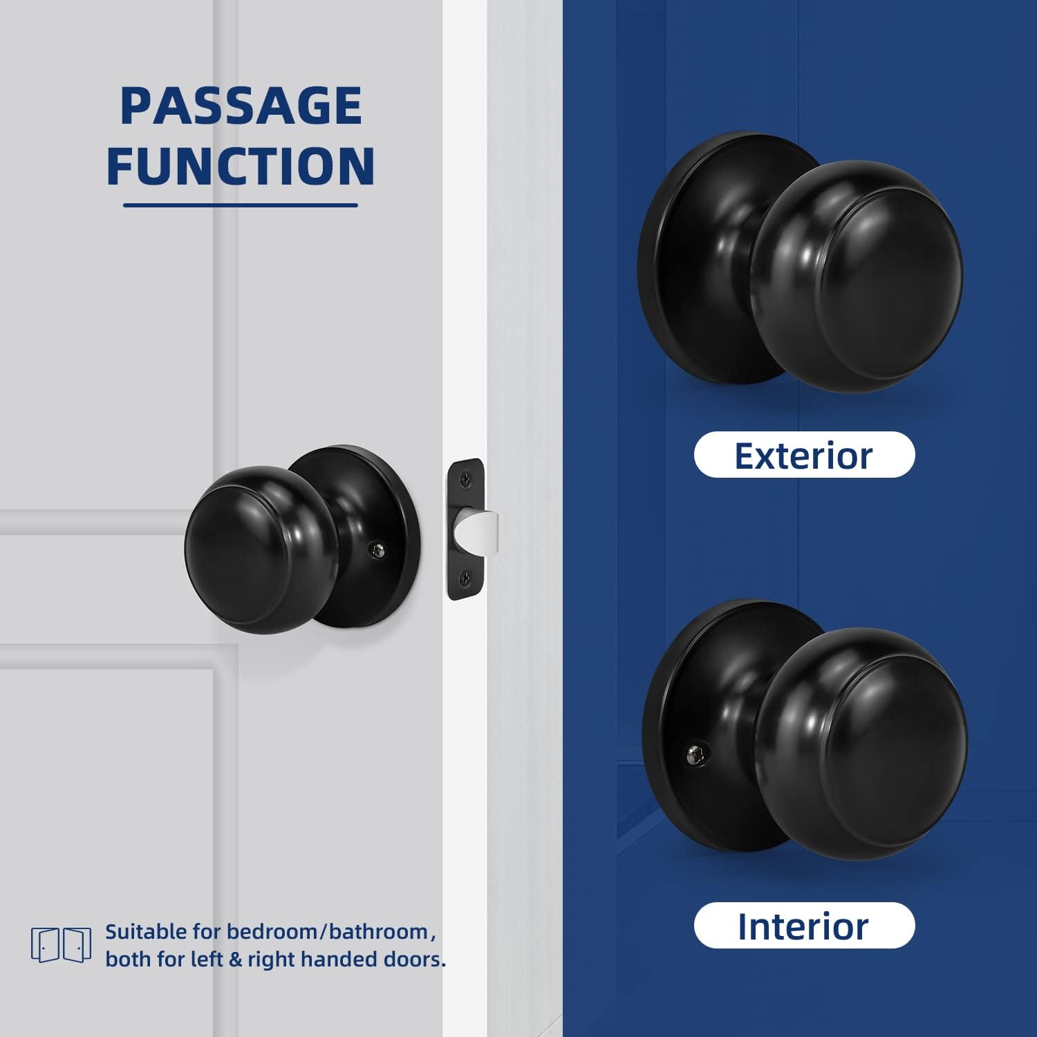 Matte Black Round Passage Door Knob for Right and Left Side Hallways - Keyless Interior Lock Hardware, Non-Locking Closet Knob - 1 Pack