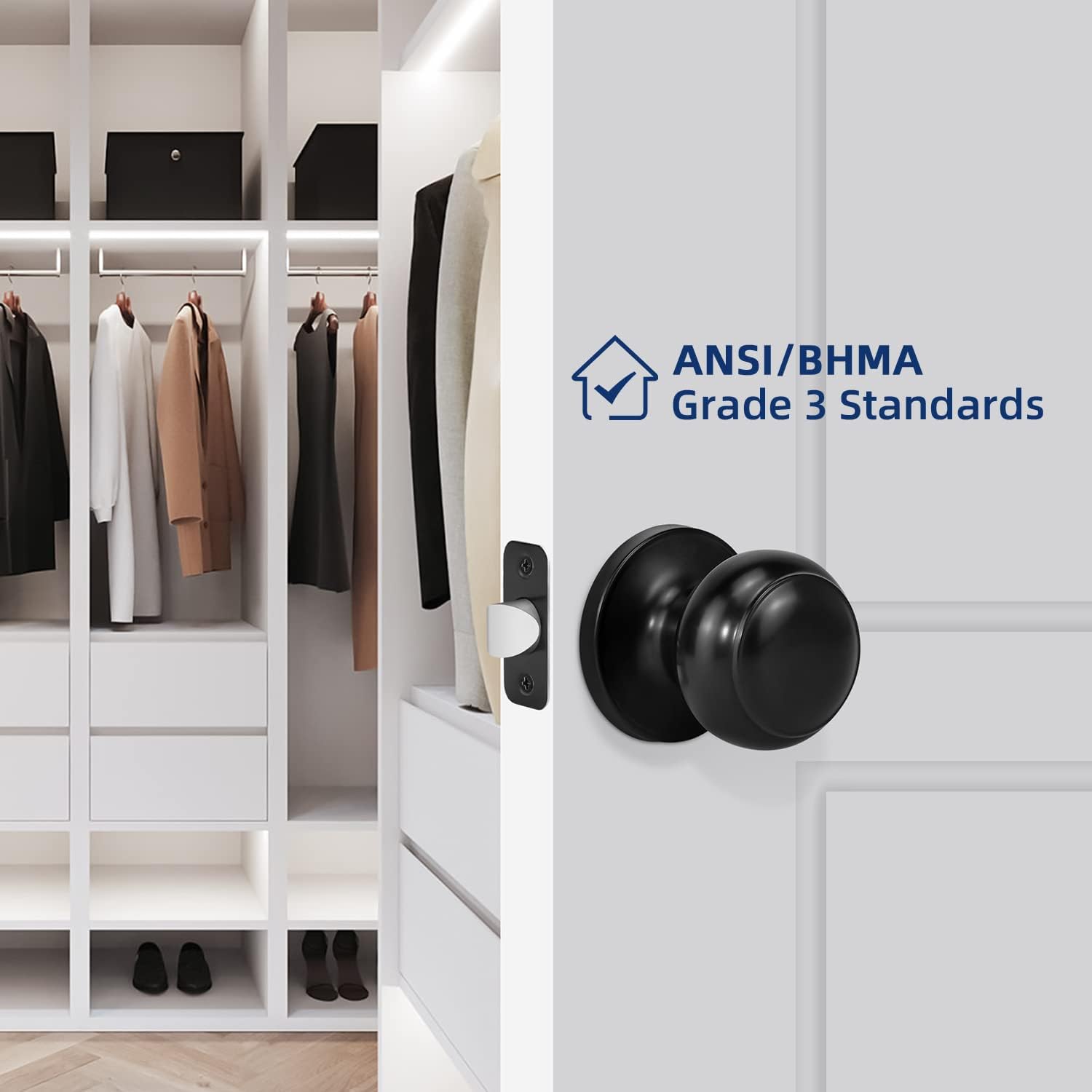 Matte Black Round Passage Door Knob for Right and Left Side Hallways - Keyless Interior Lock Hardware, Non-Locking Closet Knob - 1 Pack