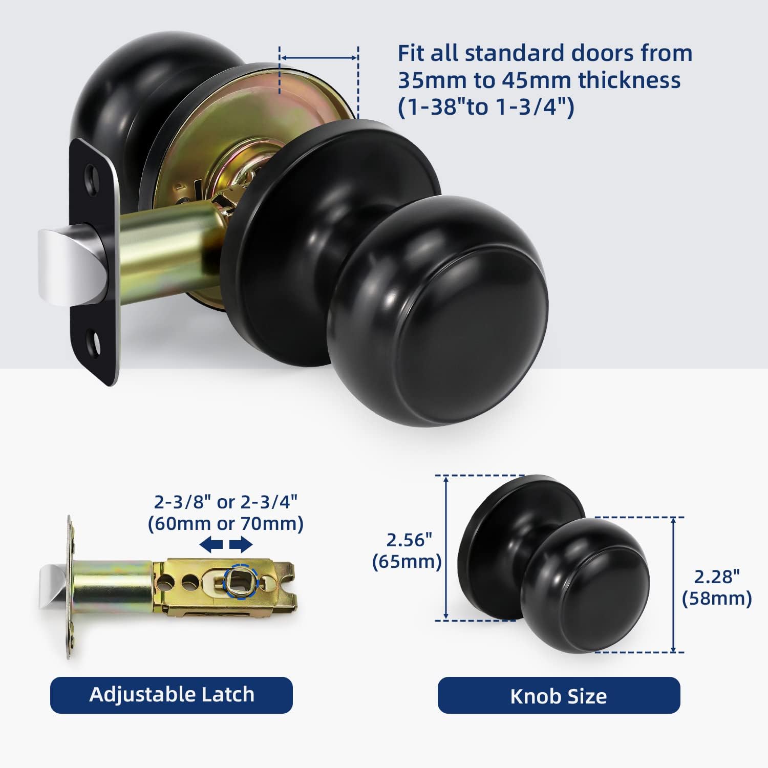 Matte Black Round Passage Door Knob for Right and Left Side Hallways - Keyless Interior Lock Hardware, Non-Locking Closet Knob - 1 Pack
