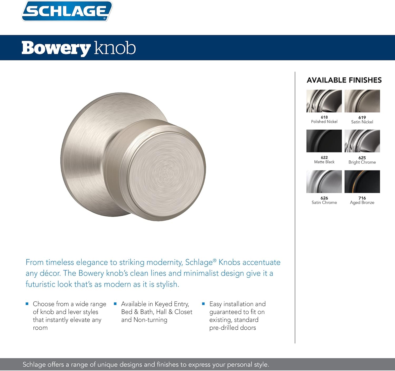 Matte Black Schlage Bowery Door Knob F40 BWE 622 for Bed & Bath Privacy Lock - WildKart