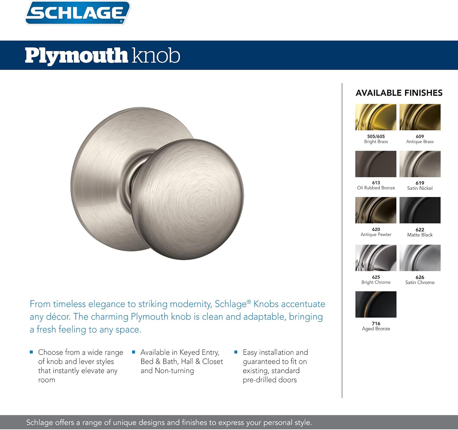 Matte Black Schlage F40 PLY 622 Plymouth Door Knob for Bed & Bath Privacy Lock - WildKart