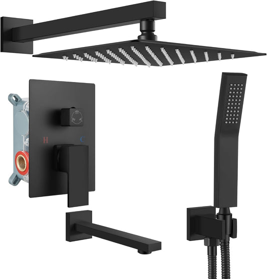 Matte Black Shower System Set with Tub Spout, Rainfall Head, Handheld Spray - 3 Function Wall Mounted Faucet Combo - Rough-in Valve - 10 Inch