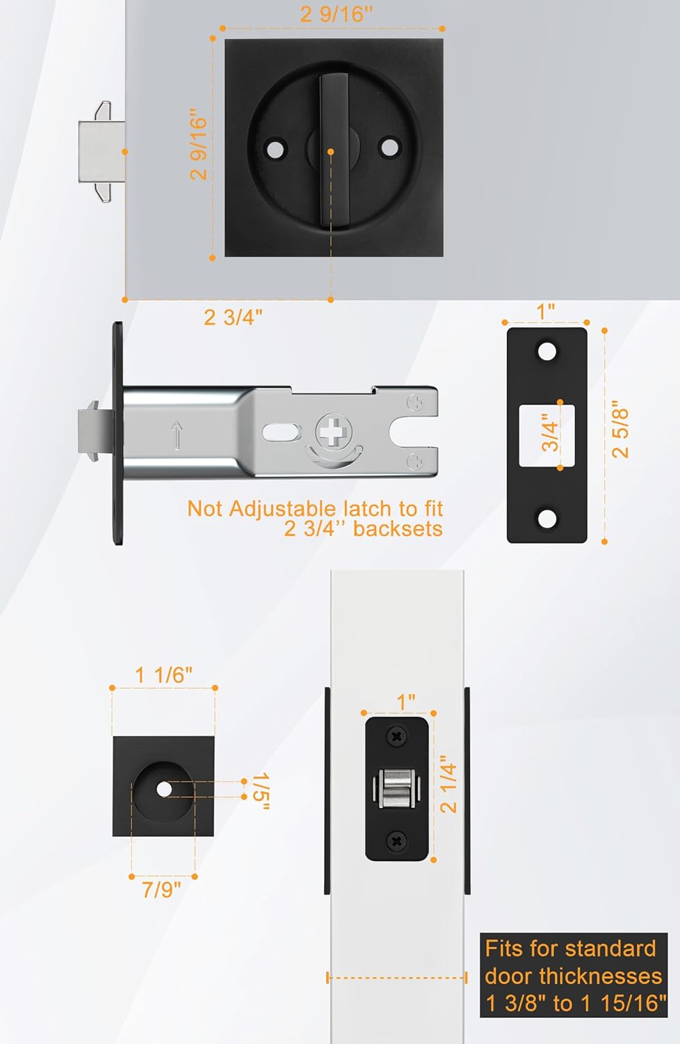 Matte Black Sliding Pocket Door Lock with Finger Pull and Square Hardware - 1 Pack - WildKart