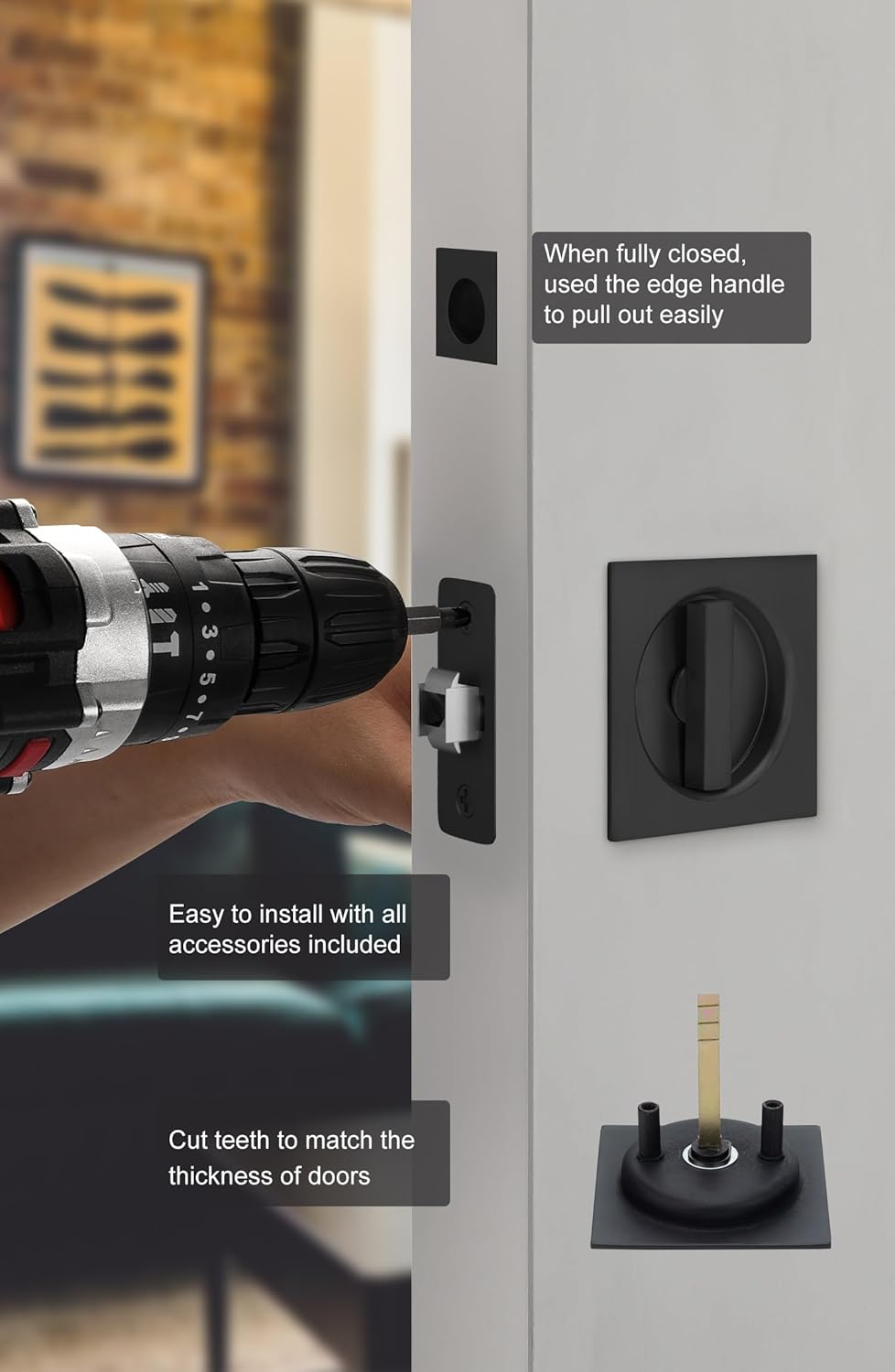 Matte Black Sliding Pocket Door Lock with Finger Pull and Square Hardware - 1 Pack - WildKart