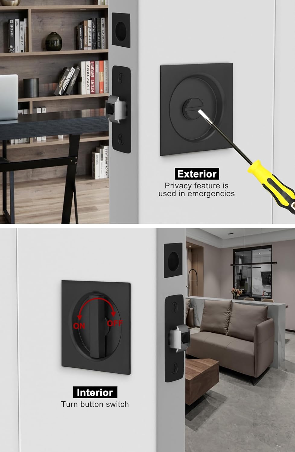 Matte Black Sliding Pocket Door Lock with Finger Pull and Square Hardware - 1 Pack - WildKart