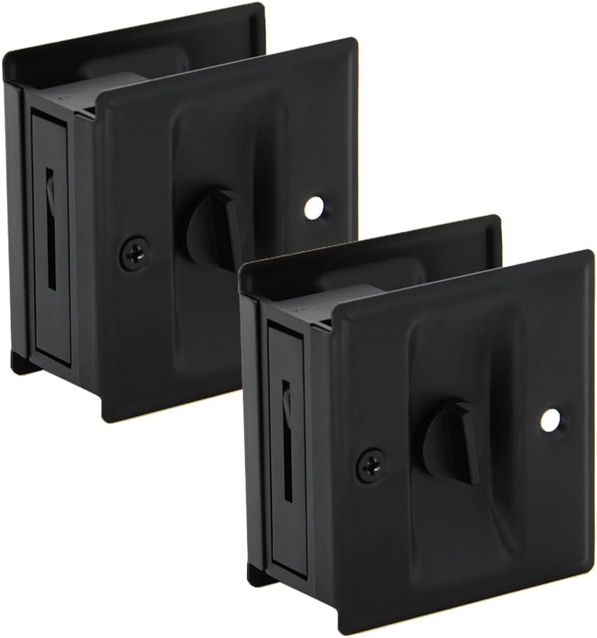 Matte Black Solid Brass Sliding Door Lock with Pull, 2 Pack - Privacy Pocket Door Lock for 1-3/8” Thickness Door, 2-3/4”x2-1/2” - WildKart