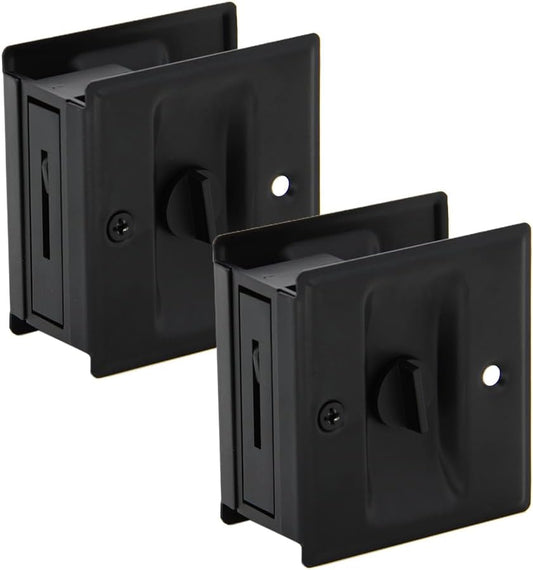 Matte Black Solid Brass Sliding Door Lock with Pull, 2 Pack - Privacy Pocket Door Lock for 1-3/8” Thickness Door, 2-3/4”x2-1/2” - WildKart