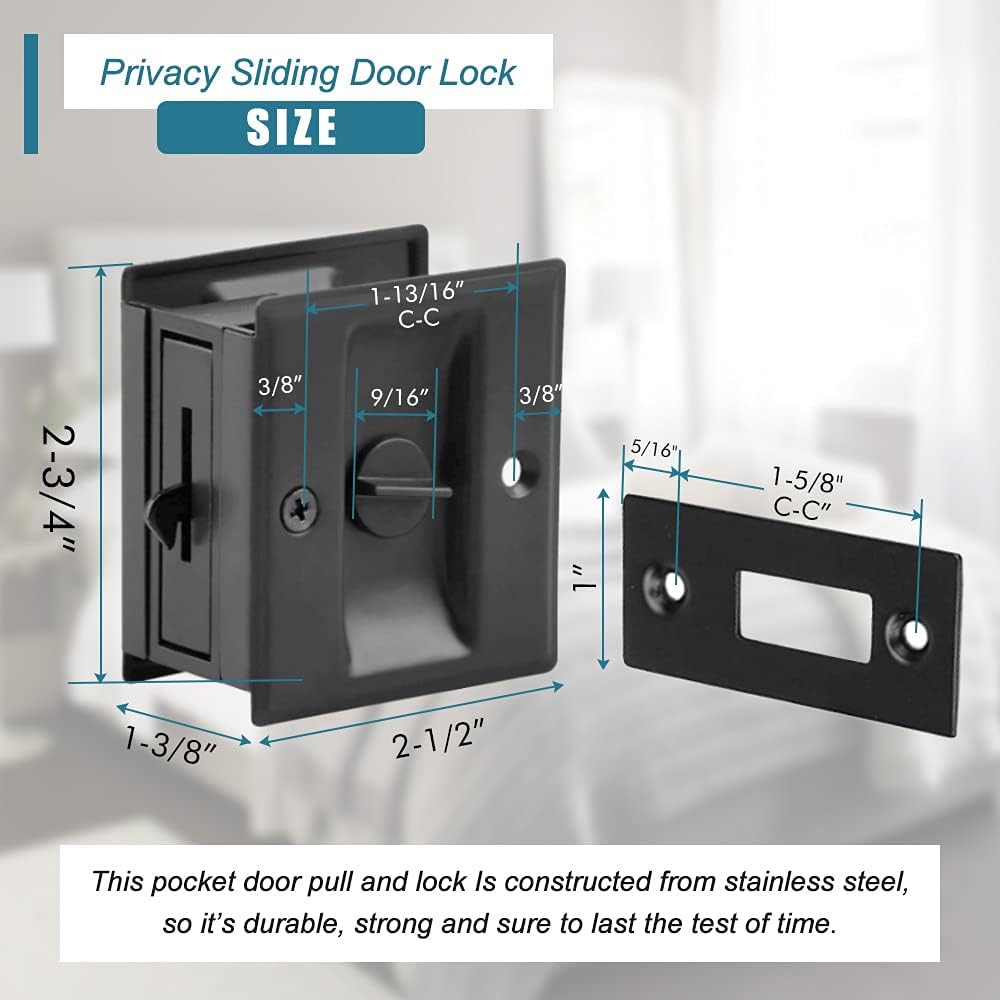 Matte Black Solid Brass Sliding Door Lock with Pull, 2 Pack - Privacy Pocket Door Lock for 1-3/8” Thickness Door, 2-3/4”x2-1/2” - WildKart
