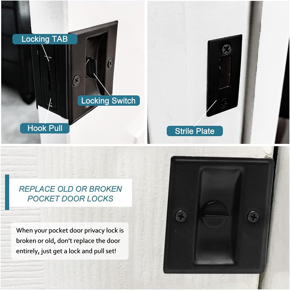 Matte Black Solid Brass Sliding Door Lock with Pull, 2 Pack - Privacy Pocket Door Lock for 1-3/8” Thickness Door, 2-3/4”x2-1/2” - WildKart