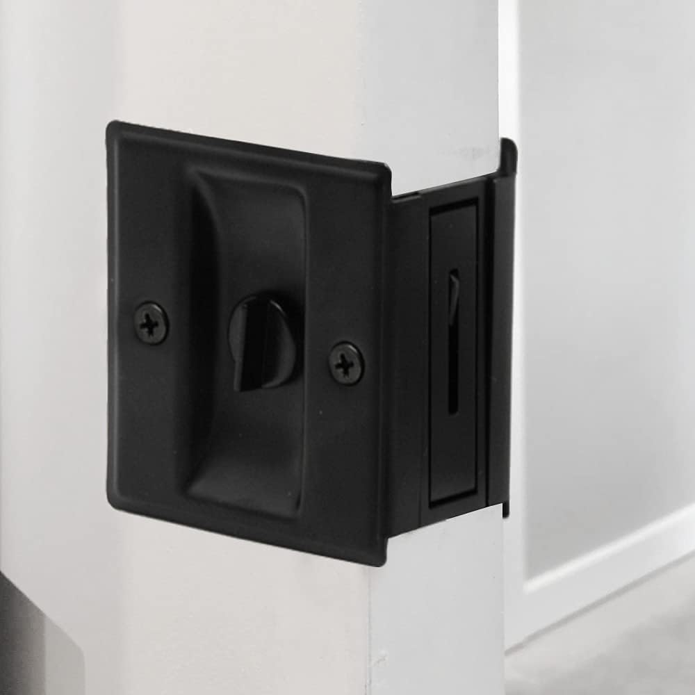 Matte Black Solid Brass Sliding Door Lock with Pull, 2 Pack - Privacy Pocket Door Lock for 1-3/8” Thickness Door, 2-3/4”x2-1/2” - WildKart