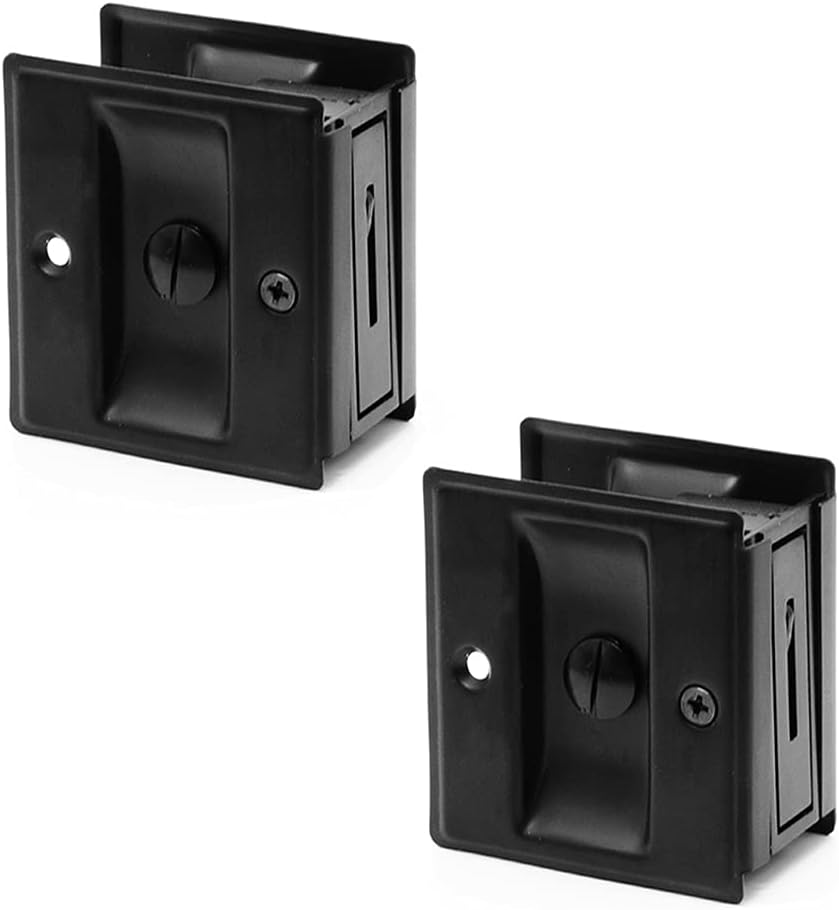 Matte Black Solid Brass Sliding Door Lock with Pull, 2 Pack - Privacy Pocket Door Lock for 1-3/8” Thickness Door, 2-3/4”x2-1/2” - WildKart