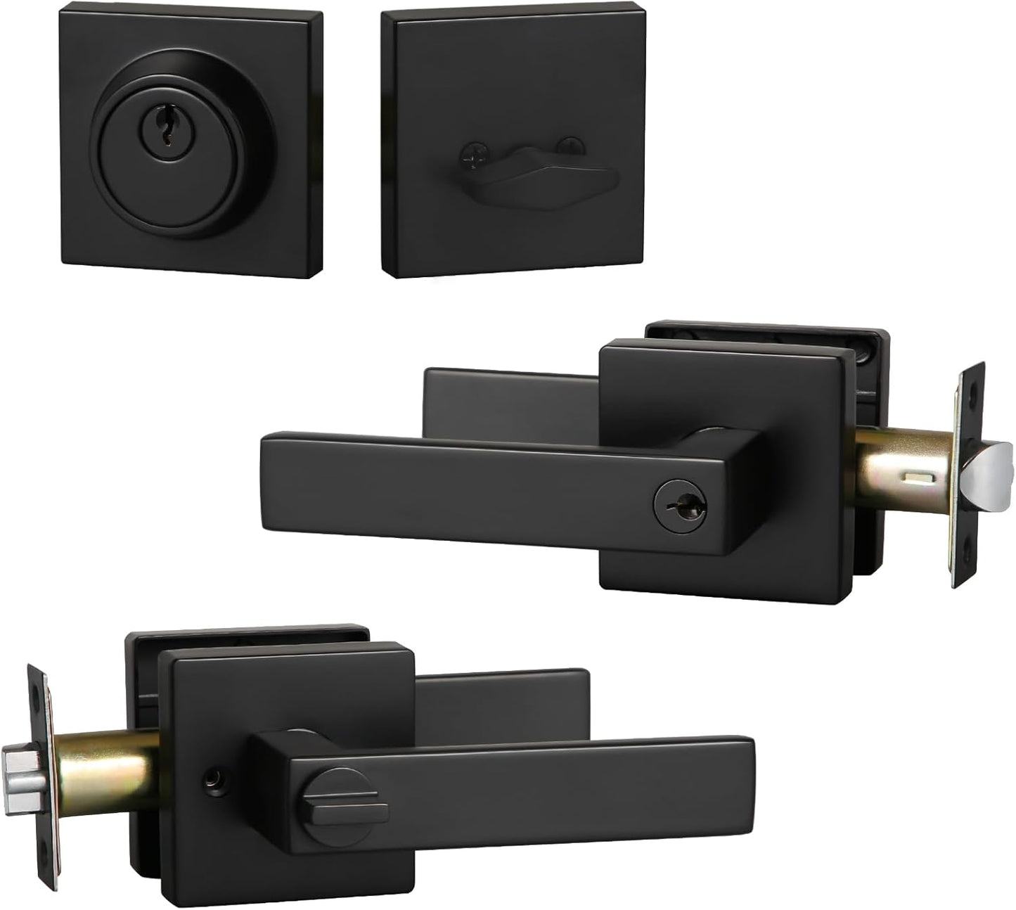 Matte Black Square Entry Lever Door Handle and Deadbolt Lock Set - Heavy Duty for Front Door/Office - Right & Left Sided - YAGU