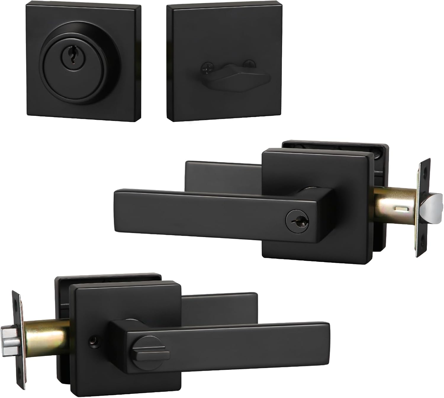 Matte Black Square Entry Lever Door Handle and Deadbolt Lock Set - Heavy Duty for Front Door/Office - Right & Left Sided - YAGU