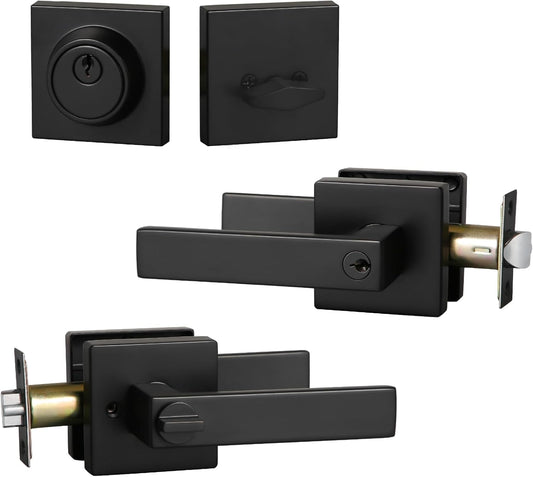 Matte Black Square Entry Lever Door Handle and Deadbolt Lock Set - Heavy Duty for Front Door/Office - Right & Left Sided - YAGU