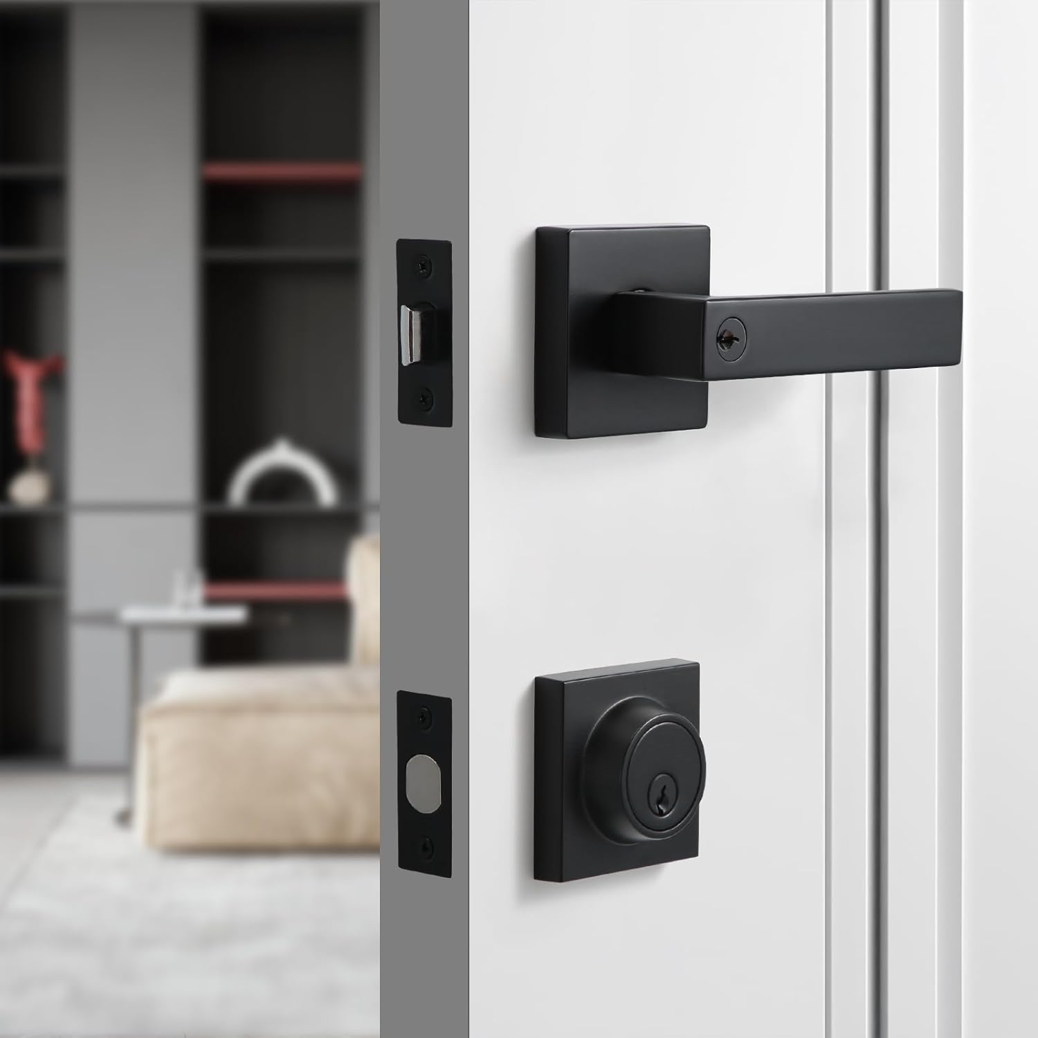 Matte Black Square Entry Lever Door Handle and Deadbolt Lock Set - Heavy Duty for Front Door/Office - Right & Left Sided - YAGU