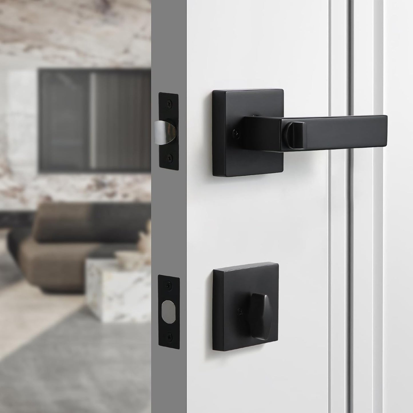 Matte Black Square Entry Lever Door Handle and Deadbolt Lock Set - Heavy Duty for Front Door/Office - Right & Left Sided - YAGU