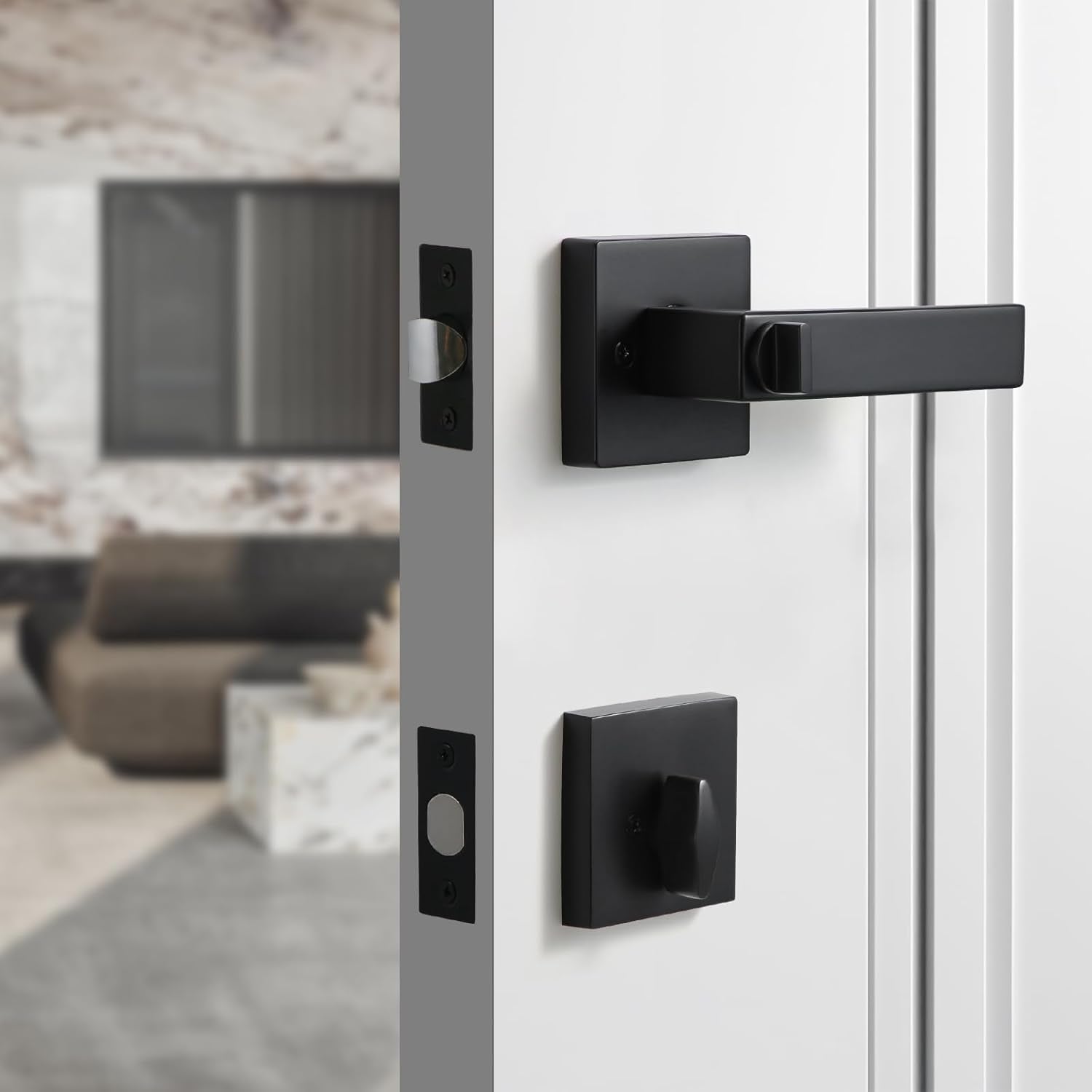 Matte Black Square Entry Lever Door Handle and Deadbolt Lock Set - Heavy Duty for Front Door/Office - Right & Left Sided - YAGU