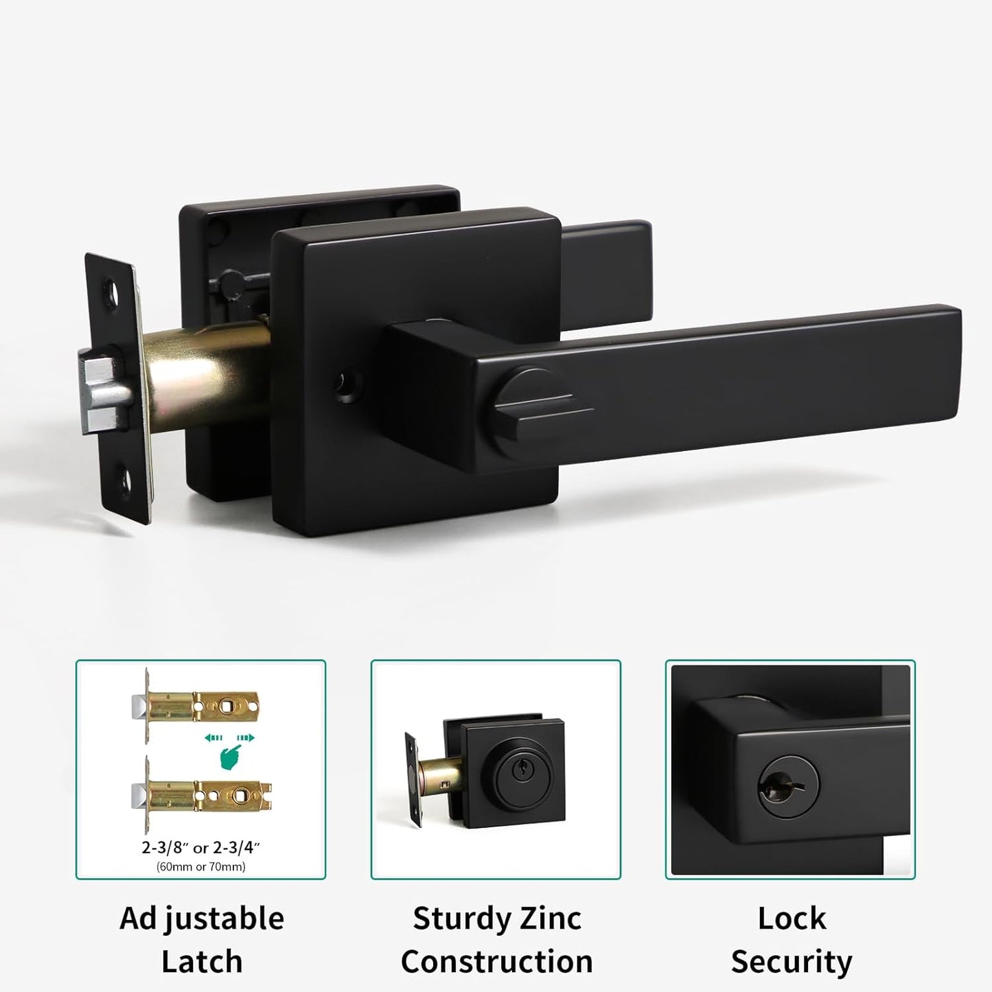Matte Black Square Entry Lever Door Handle and Deadbolt Lock Set - Heavy Duty for Front Door/Office - Right & Left Sided - YAGU