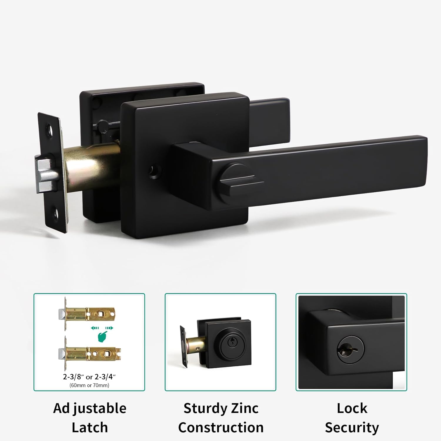 Matte Black Square Entry Lever Door Handle and Deadbolt Lock Set - Heavy Duty for Front Door/Office - Right & Left Sided - YAGU