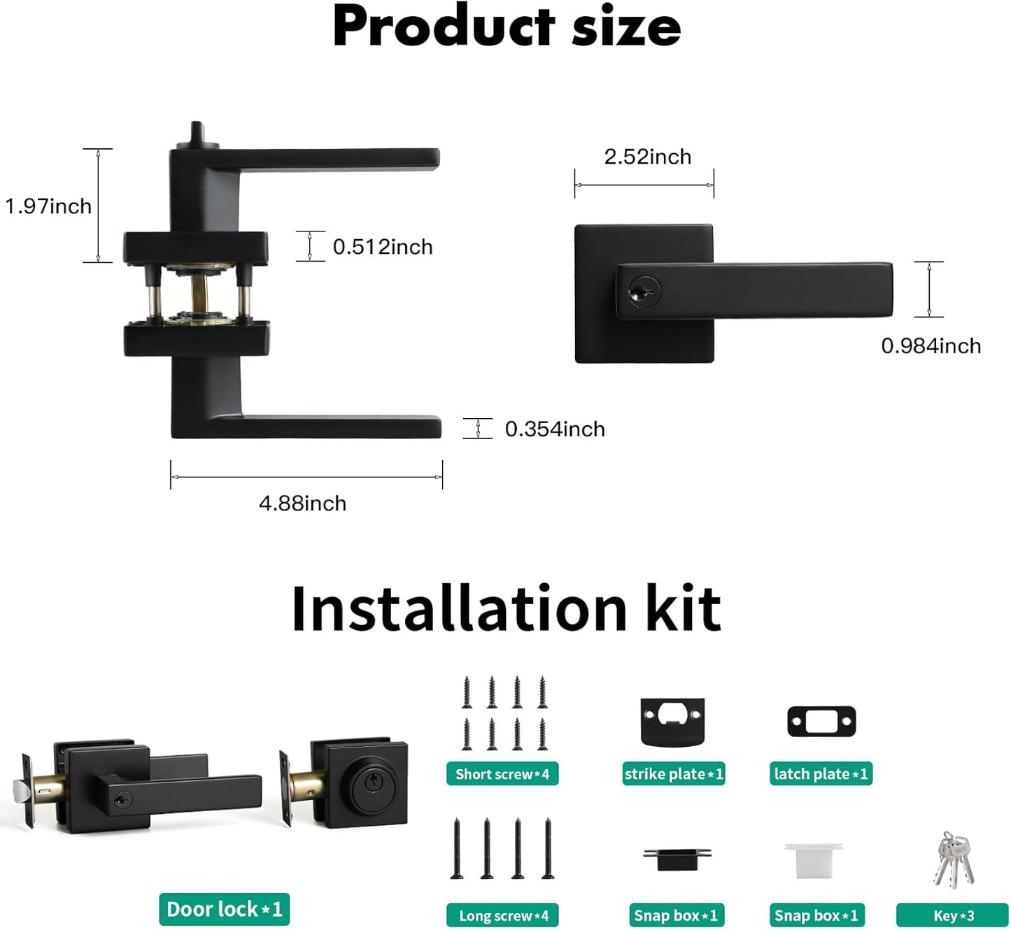 Matte Black Square Entry Lever Door Handle and Deadbolt Lock Set - Heavy Duty for Front Door/Office - Right & Left Sided - YAGU