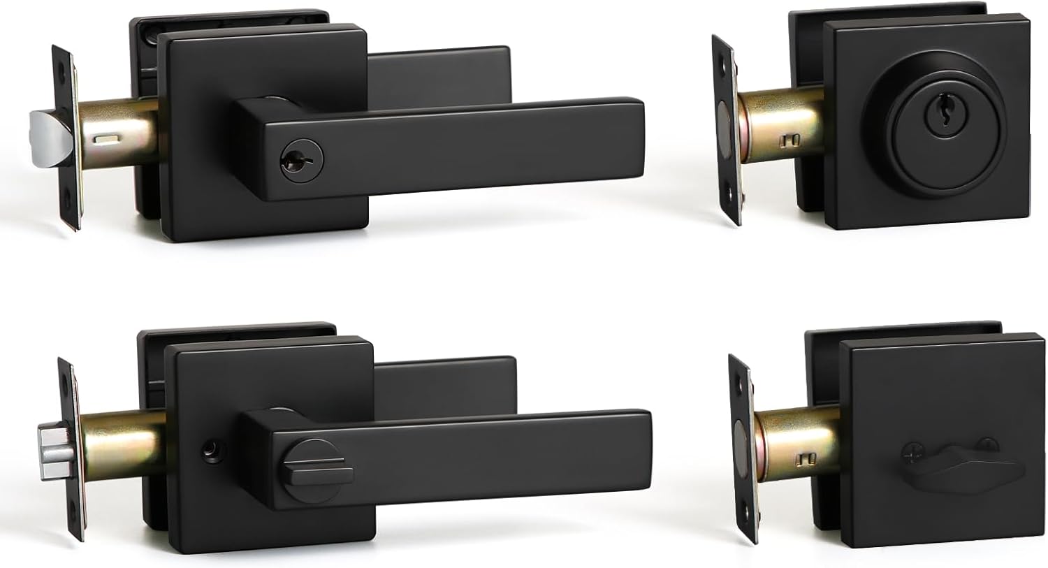Matte Black Square Entry Lever Door Handle and Deadbolt Lock Set - Heavy Duty for Front Door/Office - Right & Left Sided - YAGU