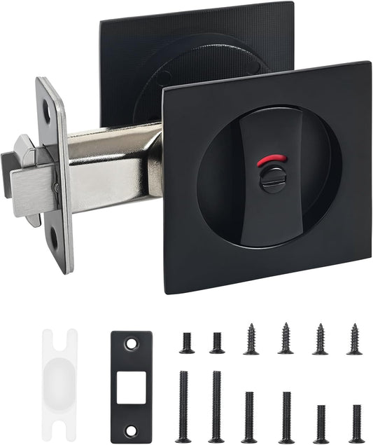 Matte Black Square Pocket Door Lock with Color Coded Indicator for Privacy in Home, Bathroom, Bedroom - Pocket Door Hardware