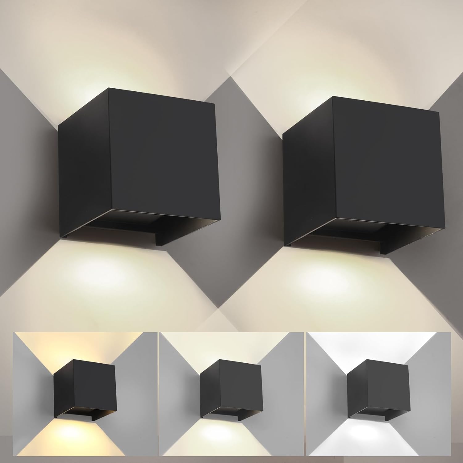 Matte Black Square Wall Sconces - Outdoor & Indoor Wall Lights 2 Pack - Waterproof & Rust-Resistant 15W Wall Lamp - Adjustable Beam & 3-Color-Temperature Dimming - 4.33-Inch Square Lights