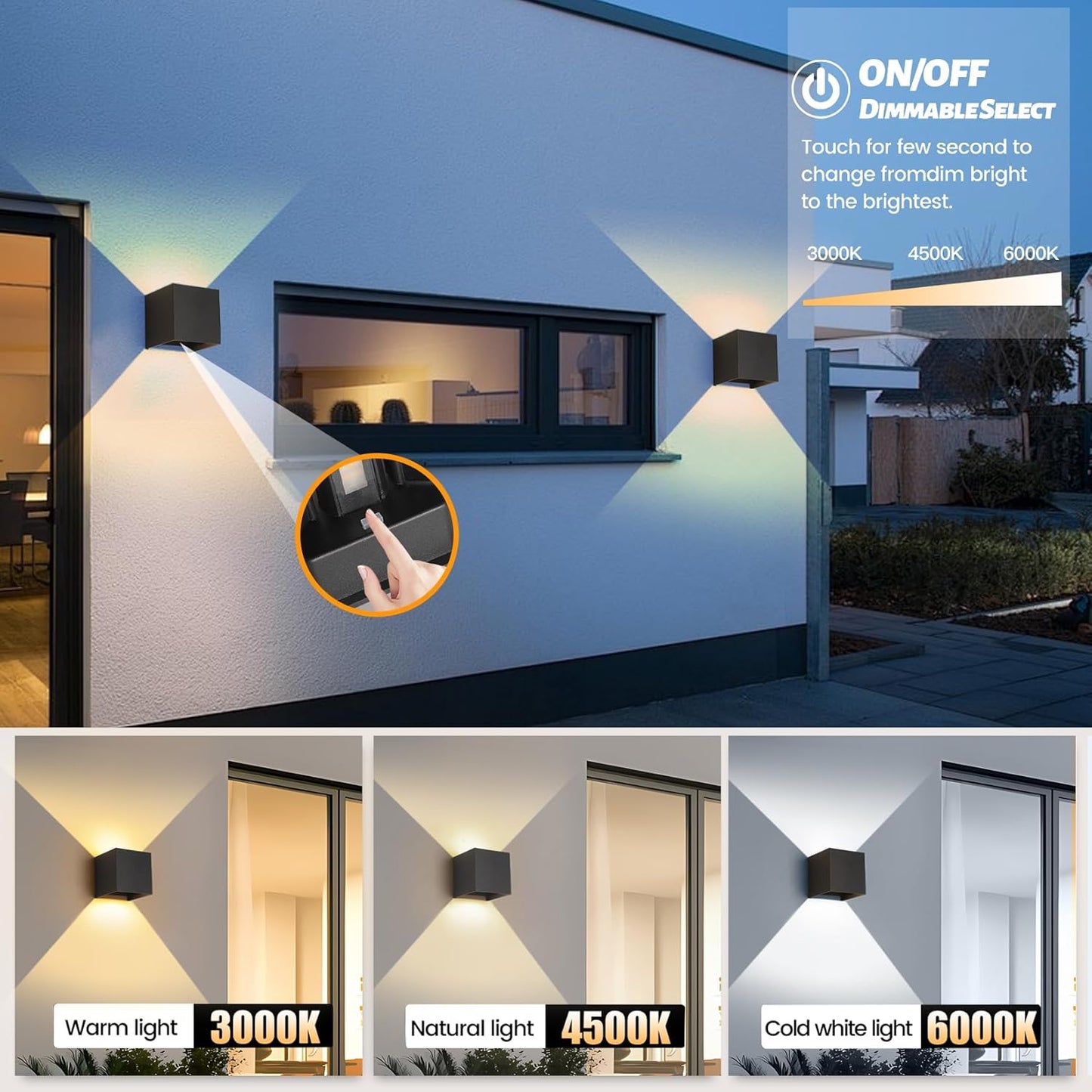 Matte Black Square Wall Sconces - Outdoor & Indoor Wall Lights 2 Pack - Waterproof & Rust-Resistant 15W Wall Lamp - Adjustable Beam & 3-Color-Temperature Dimming - 4.33-Inch Square Lights