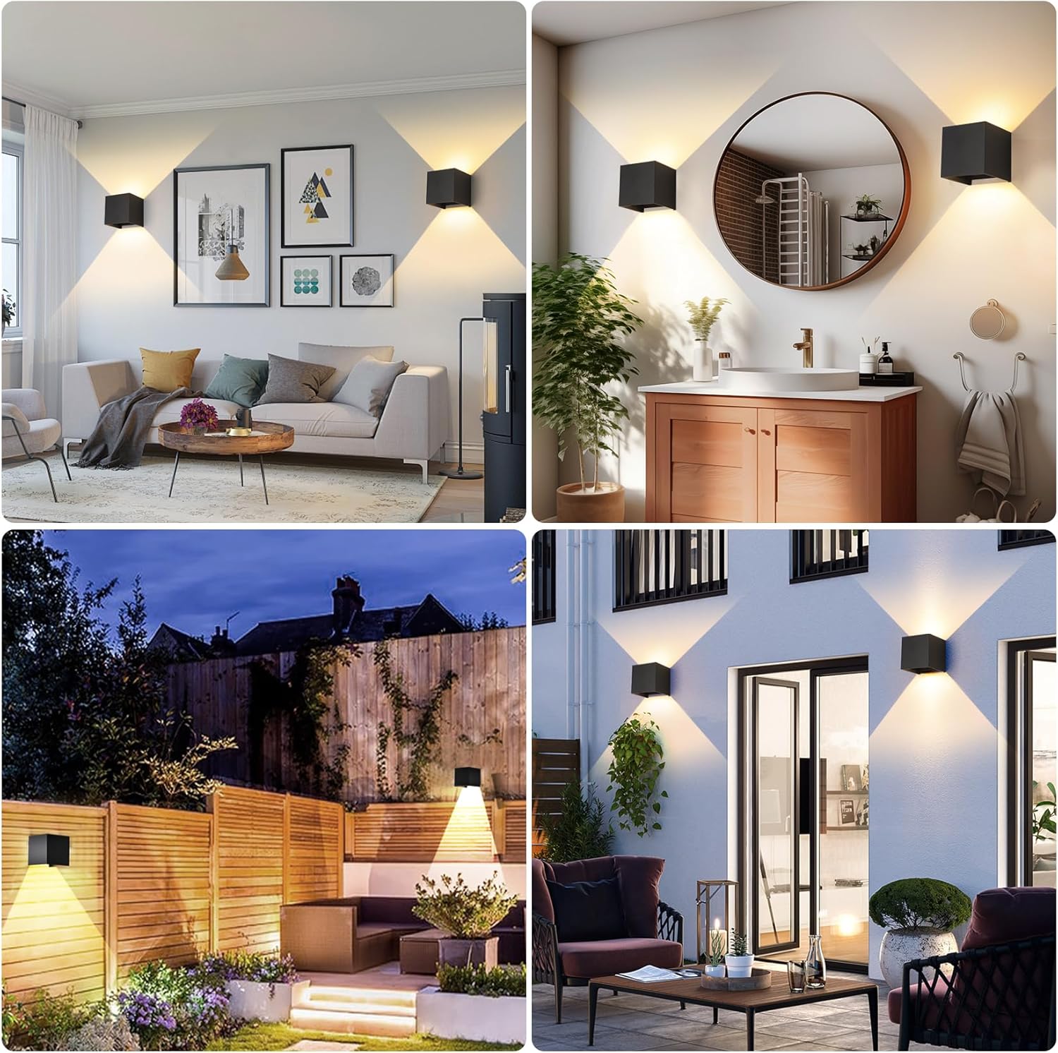 Matte Black Square Wall Sconces - Outdoor & Indoor Wall Lights 2 Pack - Waterproof & Rust-Resistant 15W Wall Lamp - Adjustable Beam & 3-Color-Temperature Dimming - 4.33-Inch Square Lights