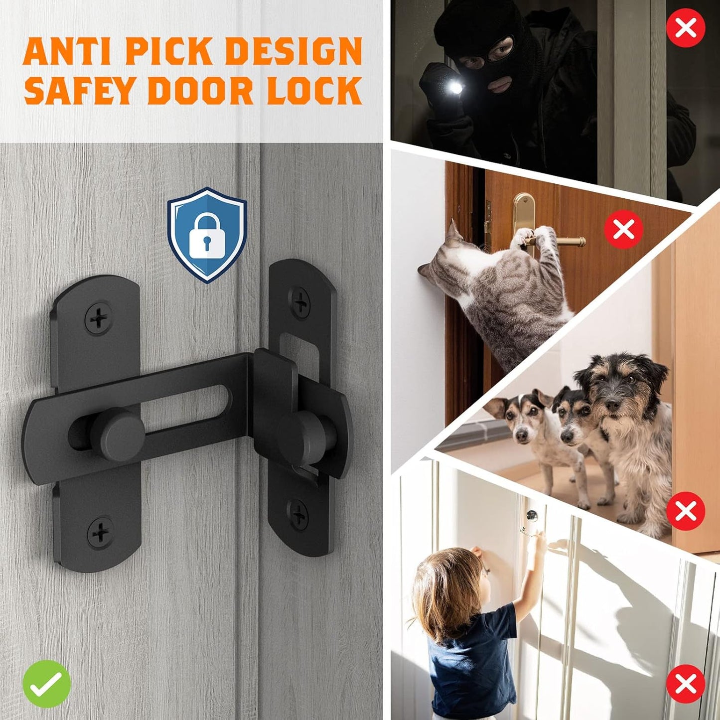 Matte Black Stainless Steel 90 Degree Flip Barn Door Lock Latches - 2 Pack Security Latch for Barn, Pet Door, Bathroom, Cabinet, Window, Sliding Door