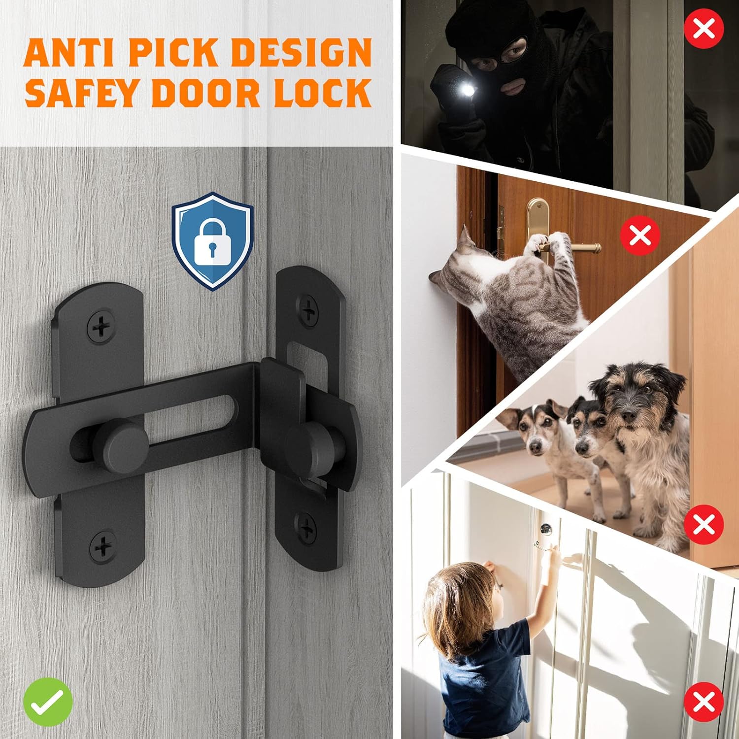 Matte Black Stainless Steel 90 Degree Flip Barn Door Lock Latches - 2 Pack Security Latch for Barn, Pet Door, Bathroom, Cabinet, Window, Sliding Door