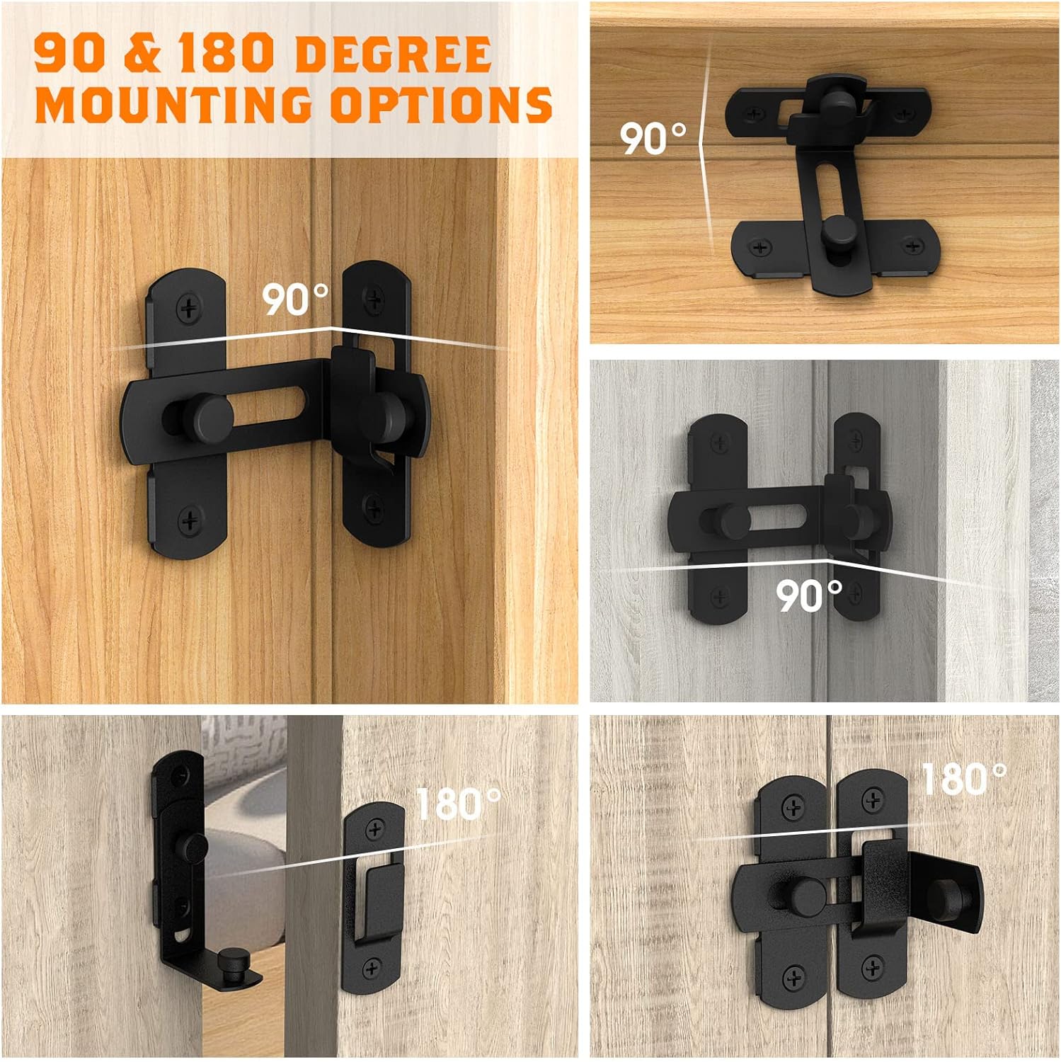 Matte Black Stainless Steel 90 Degree Flip Barn Door Lock Latches - 2 Pack Security Latch for Barn, Pet Door, Bathroom, Cabinet, Window, Sliding Door