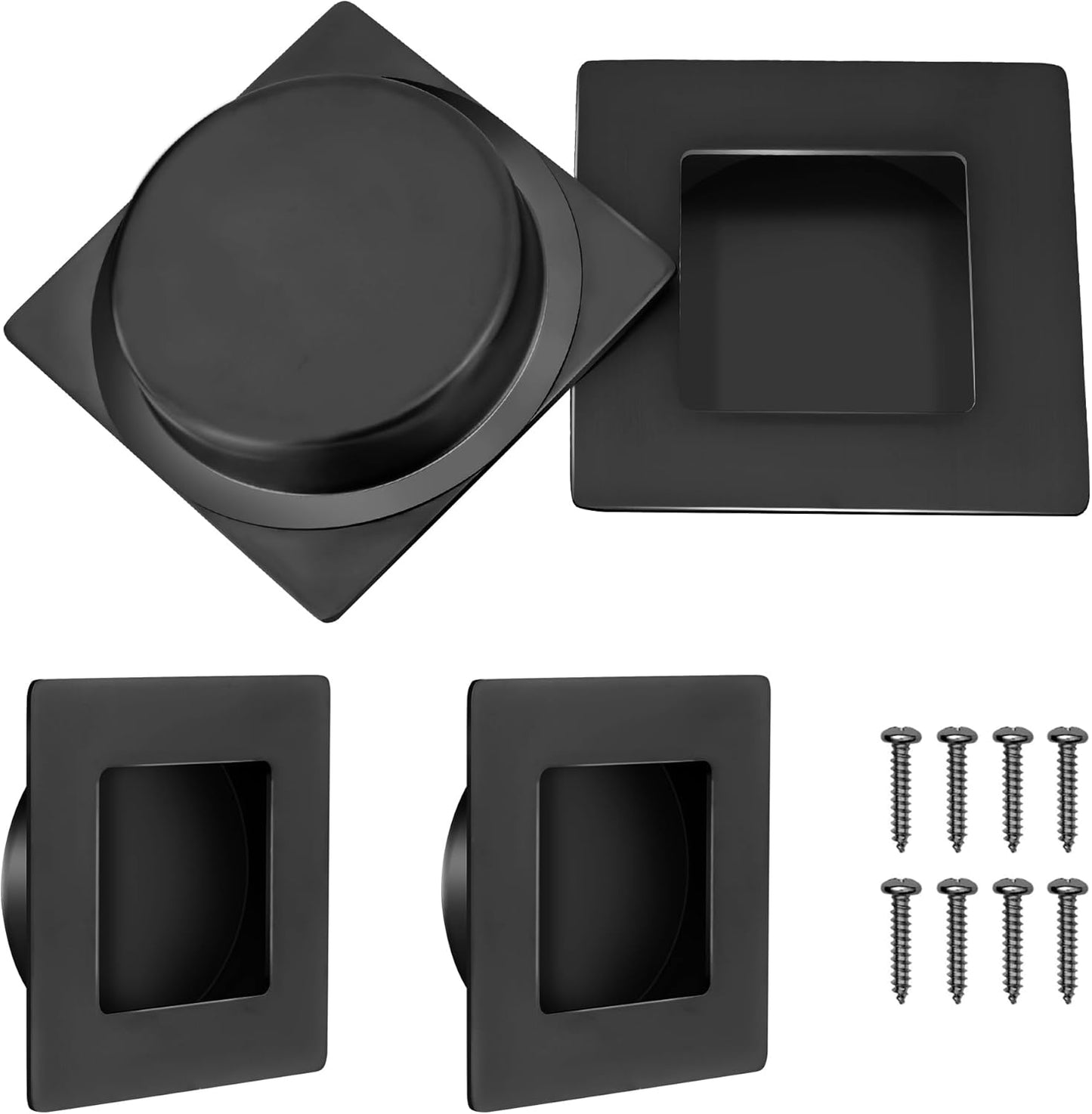 Matte Black Stainless Steel Recessed Finger Flush Pulls for Sliding Closet Doors - 2-3/4 Inch Square Barn Door Handles (4 Pack)
